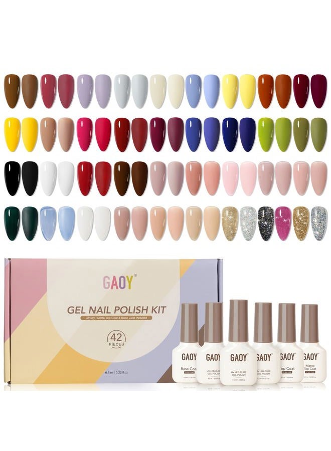 GAOY 42 Pcs Gel Nail Polish Kit, Black Brown Red Glitter Jelly Colors All Seasons Gel Nail Polish Set with Glossy & Matte Top Coat and Base Coat for Nail Art DIY at Home - Image 1