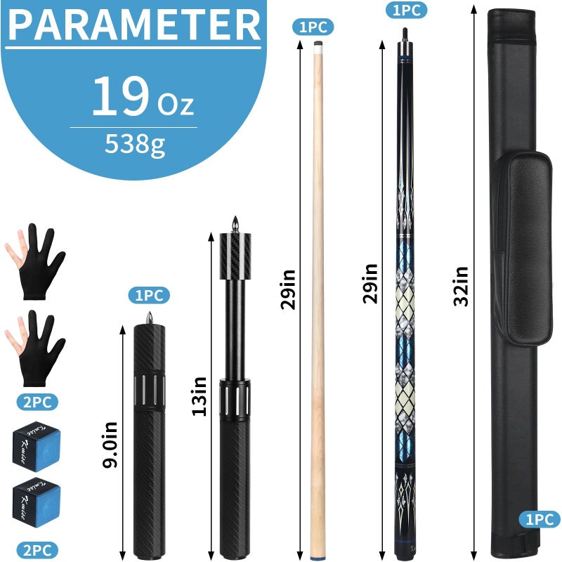 Kmise Professional Pool Cue Stick, 18 19 20oz Canadian Maple Cue Sticks, Low Deflection Shaft with Telescopic Carbon Fiber Extension Cue (19OZ, Blue) - Image 2