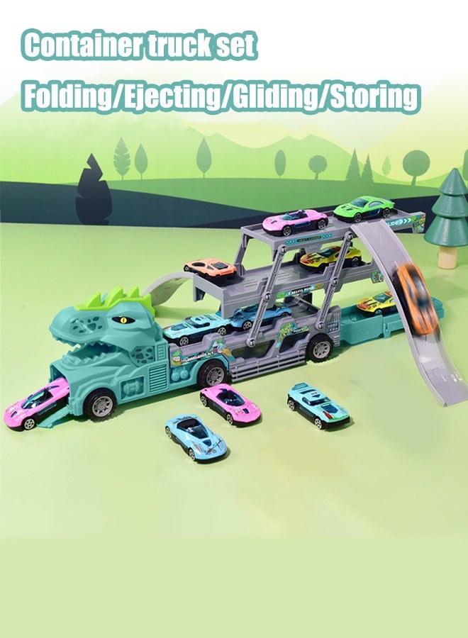 Foldable toy truck 8Pcs Racer Vehicle With Container Truck  Catapult folding container truck toy Folding container toy car Alloy car toy set Multi layer storage Boy's toy car - Image 1