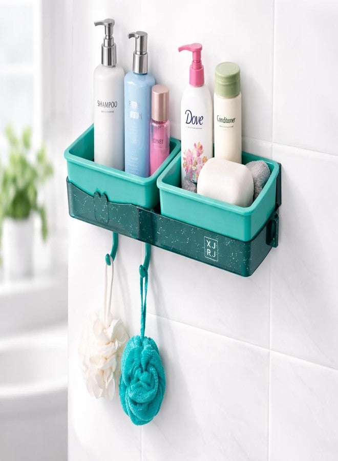 Yorten Wall-Mounted Bathroom Shelf with Hooks No-Drill Self-Adhesive Plastic Rack Dual Compartment Storage Shelf Accessories Organizer for Sink Area, Hotels Rooms, Guest Houses (Multi Color) - Image 1