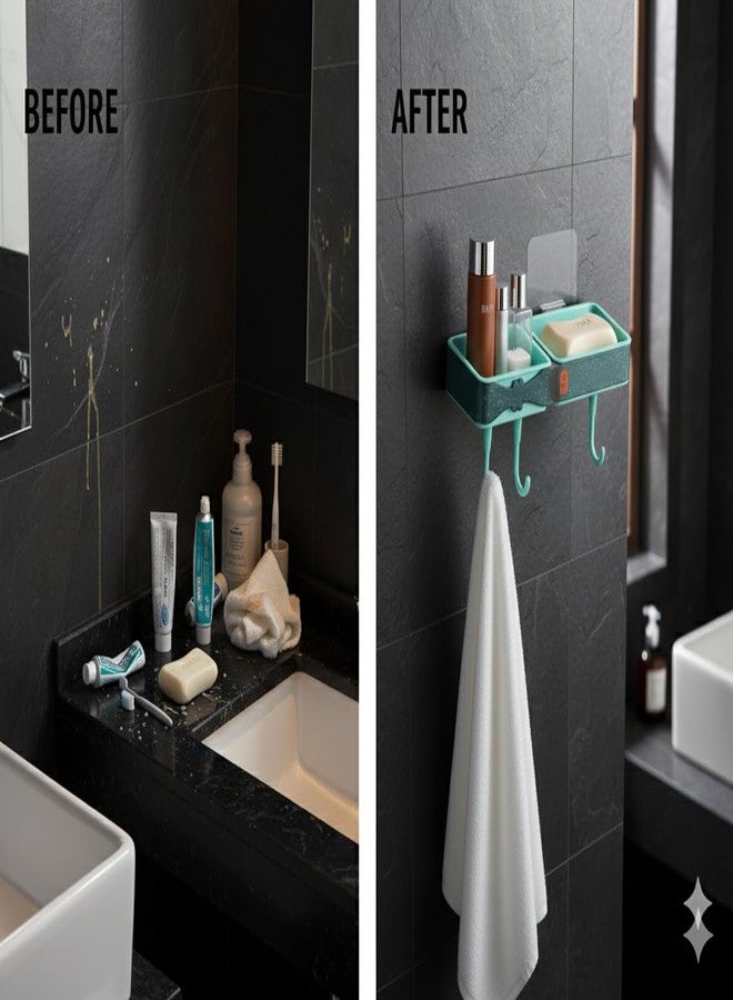 Yorten Wall-Mounted Bathroom Shelf with Hooks No-Drill Self-Adhesive Plastic Rack Dual Compartment Storage Shelf Accessories Organizer for Sink Area, Hotels Rooms, Guest Houses (Multi Color) - Image 5