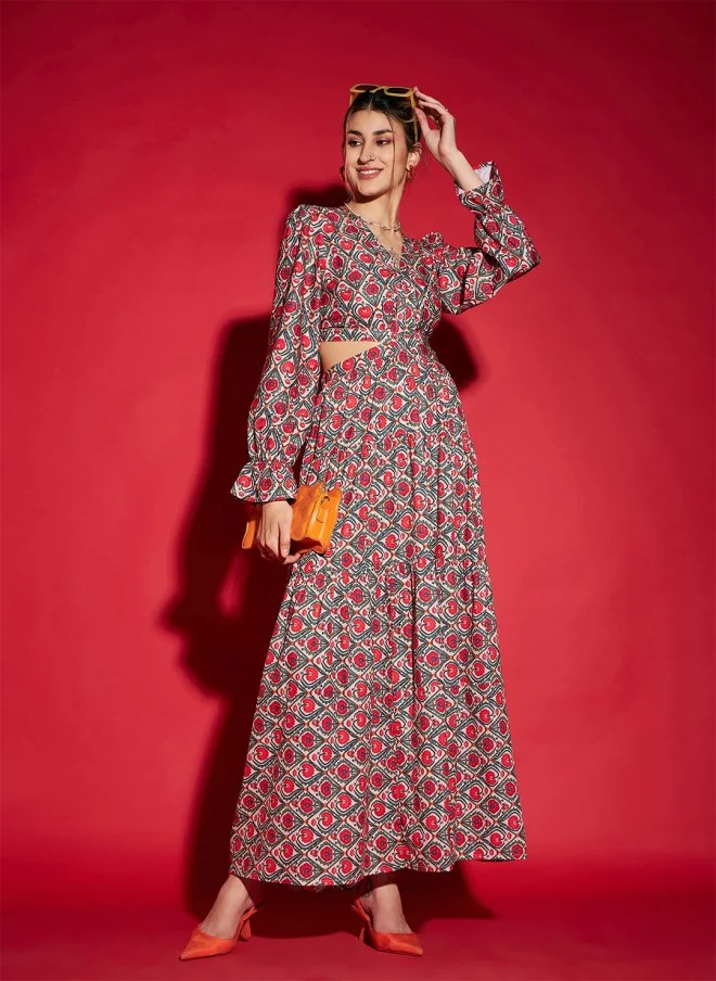 SASSAFRAS Floral Printed Cut Out Maxi Dress for Women