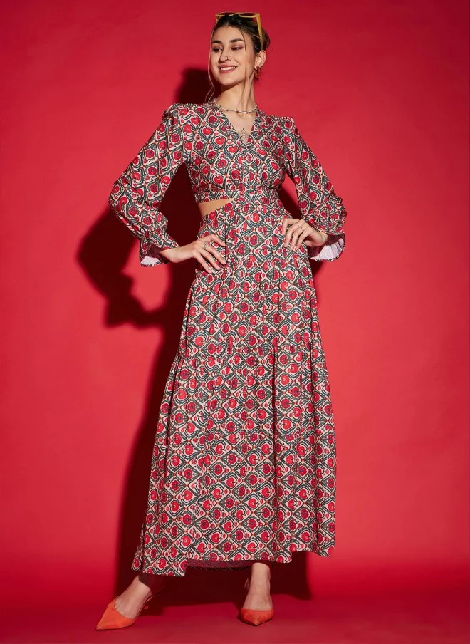 SASSAFRAS Floral Printed Cut Out Maxi Dress for Women