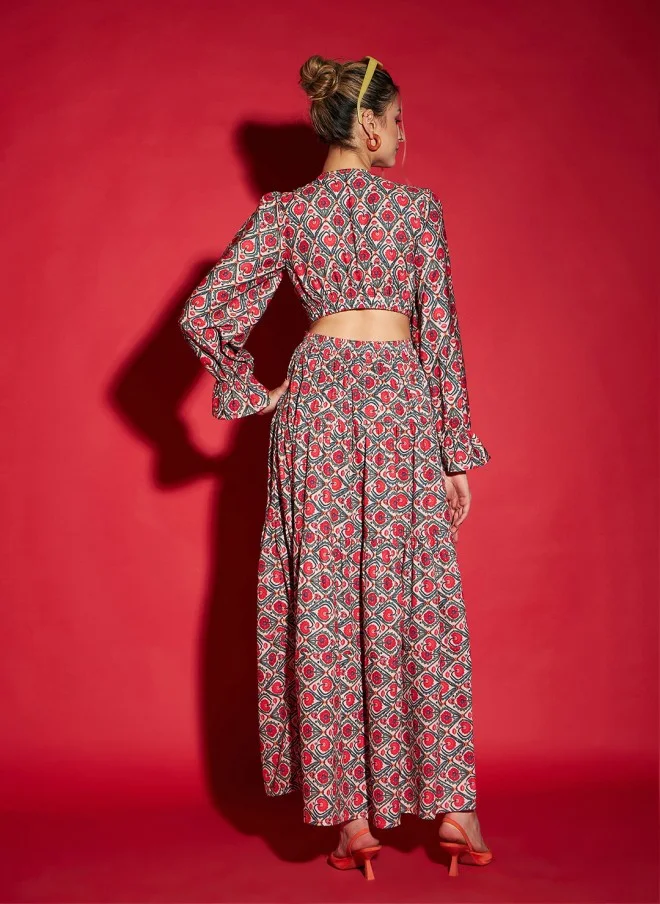 SASSAFRAS Floral Printed Cut Out Maxi Dress for Women