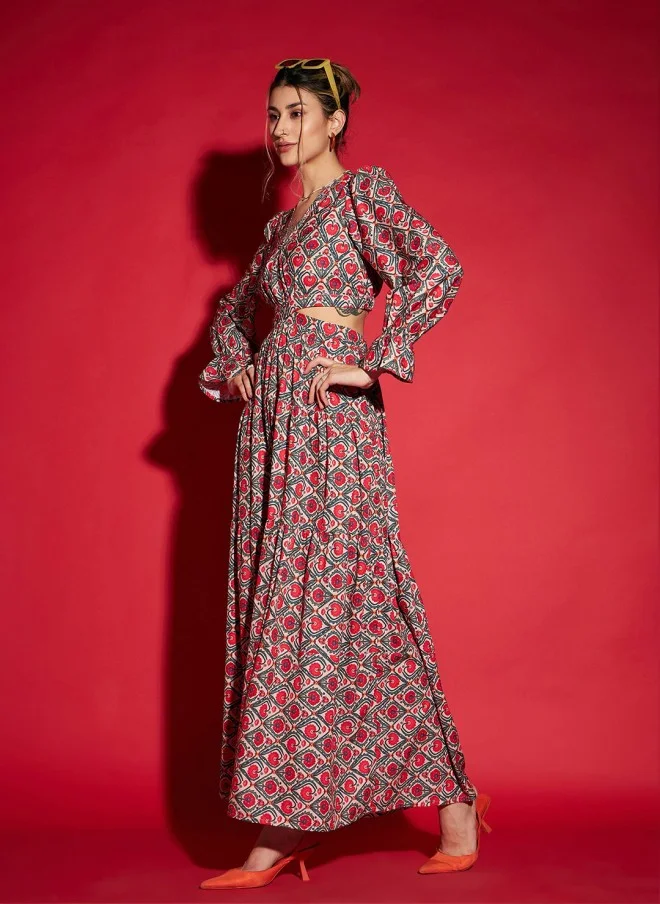 SASSAFRAS Floral Printed Cut Out Maxi Dress for Women