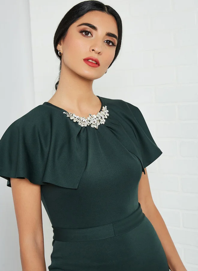 Generic Embellished Neckline Dress Green