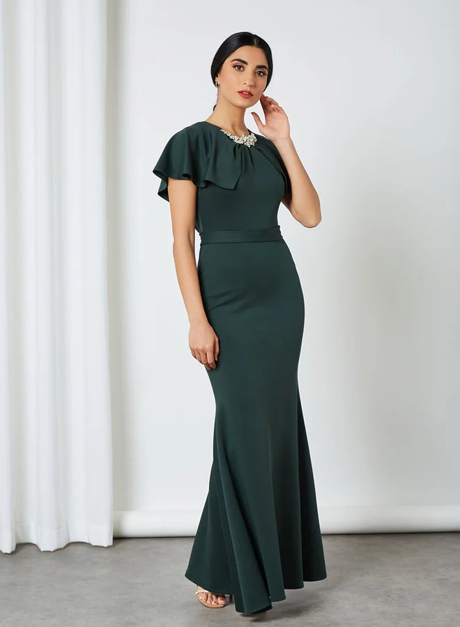 Generic Embellished Neckline Dress Green
