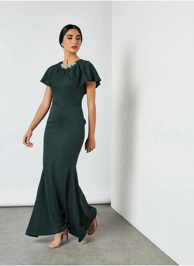 ماركة غير محددة Embellished Neckline Dress Green