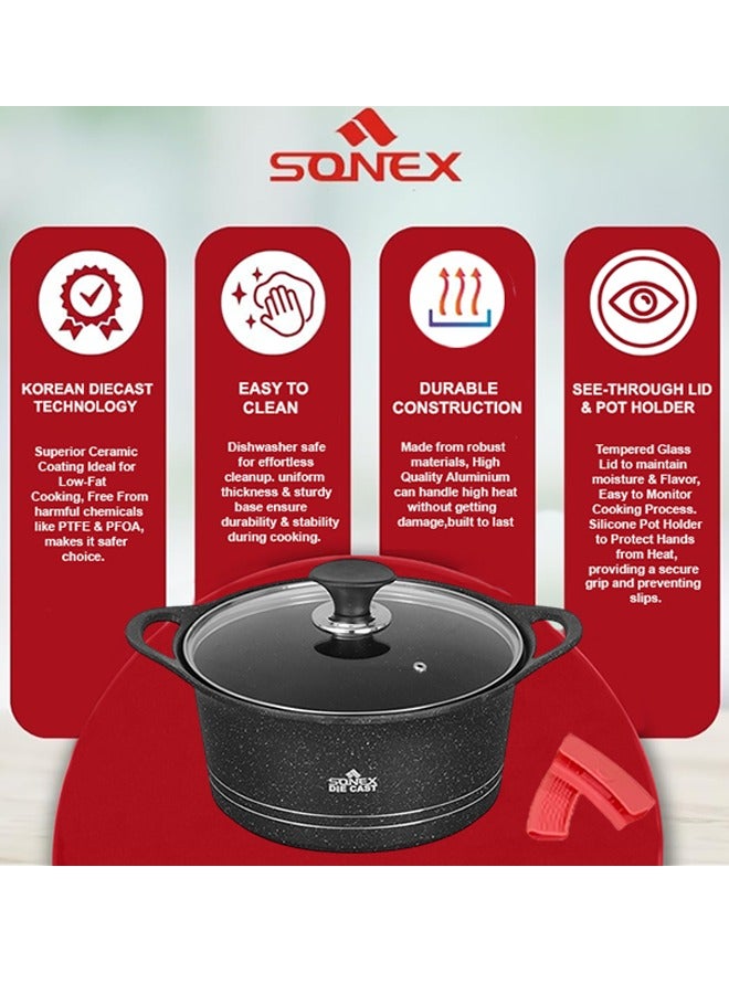 Sonex Diecast Non-Stick Glory Mega 3-Piece Cookware Set with Pot Holder, Sizes 9L, 13L, 19L, Elegant Grey Marble Finish, Superior Heat Distribution, Durable Handles, All Stovetop Compatibility, Black - Image 3
