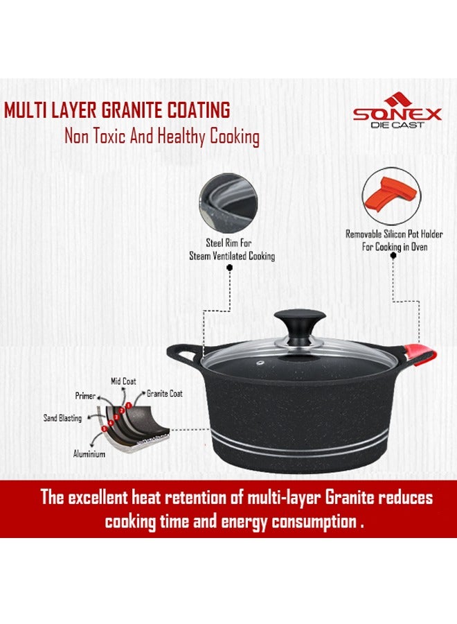 Sonex Diecast Non-Stick Glory Mega 3-Piece Cookware Set with Pot Holder, Sizes 9L, 13L, 19L, Elegant Grey Marble Finish, Superior Heat Distribution, Durable Handles, All Stovetop Compatibility, Black - Image 4