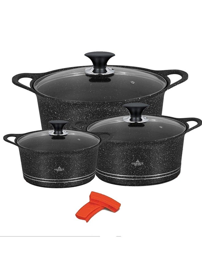 Sonex Diecast Non-Stick Glory Mega 3-Piece Cookware Set with Pot Holder, Sizes 9L, 13L, 19L, Elegant Grey Marble Finish, Superior Heat Distribution, Durable Handles, All Stovetop Compatibility, Black - Image 1