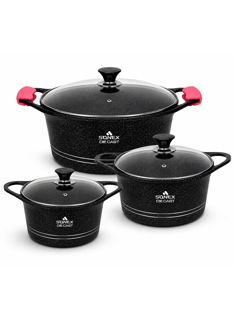 Sonex Diecast Non-Stick Glory Mega 3-Piece Cookware Set with Pot Holder, Sizes 9L, 13L, 19L, Elegant Grey Marble Finish, Superior Heat Distribution, Durable Handles, All Stovetop Compatibility, Black - Image 1