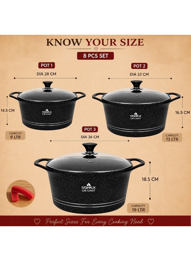 Sonex Diecast Non-Stick Glory Mega 3-Piece Cookware Set with Pot Holder, Sizes 9L, 13L, 19L, Elegant Grey Marble Finish, Superior Heat Distribution, Durable Handles, All Stovetop Compatibility, Black - Image 2