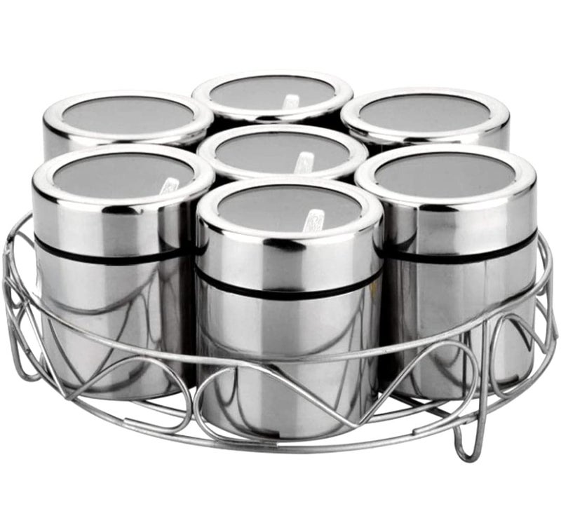 VISAXMI Stainless Steel Masala Dabba 200 ml Spice Container Masala Dabba for Kitchen Masala Dani Masala Steel Dabba Masala Box 7Pc Jars 7Pc Spoons 1Pc Stand - Image 1