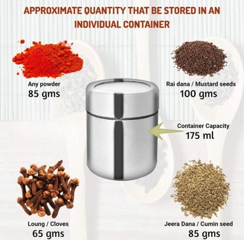 VISAXMI Stainless Steel Masala Dabba 200 ml Spice Container Masala Dabba for Kitchen Masala Dani Masala Steel Dabba Masala Box 7Pc Jars 7Pc Spoons 1Pc Stand - Image 3