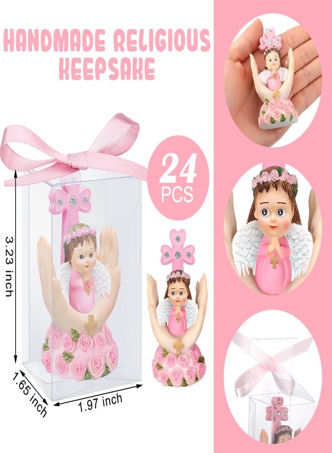 Anglechic 24 Set Religious Keepsake Bulk Recuerdos De Bautizo para Nino Girl Baby Angel on Palm Recuerdos para Bautizo Resin Figurine Statue Pink Baptism Favors with Box and Bow Baptism Decorations - Image 2