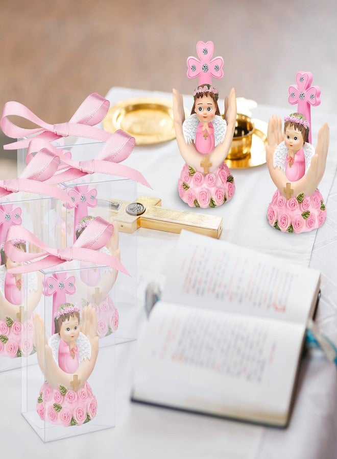 Anglechic 24 Set Religious Keepsake Bulk Recuerdos De Bautizo para Nino Girl Baby Angel on Palm Recuerdos para Bautizo Resin Figurine Statue Pink Baptism Favors with Box and Bow Baptism Decorations - Image 3