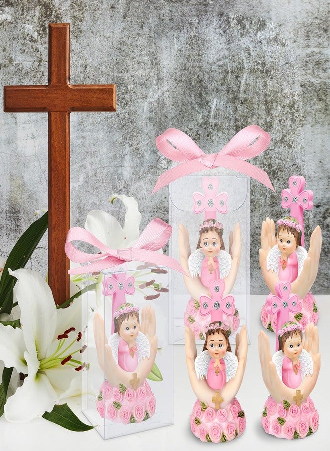 Anglechic 24 Set Religious Keepsake Bulk Recuerdos De Bautizo para Nino Girl Baby Angel on Palm Recuerdos para Bautizo Resin Figurine Statue Pink Baptism Favors with Box and Bow Baptism Decorations - Image 5