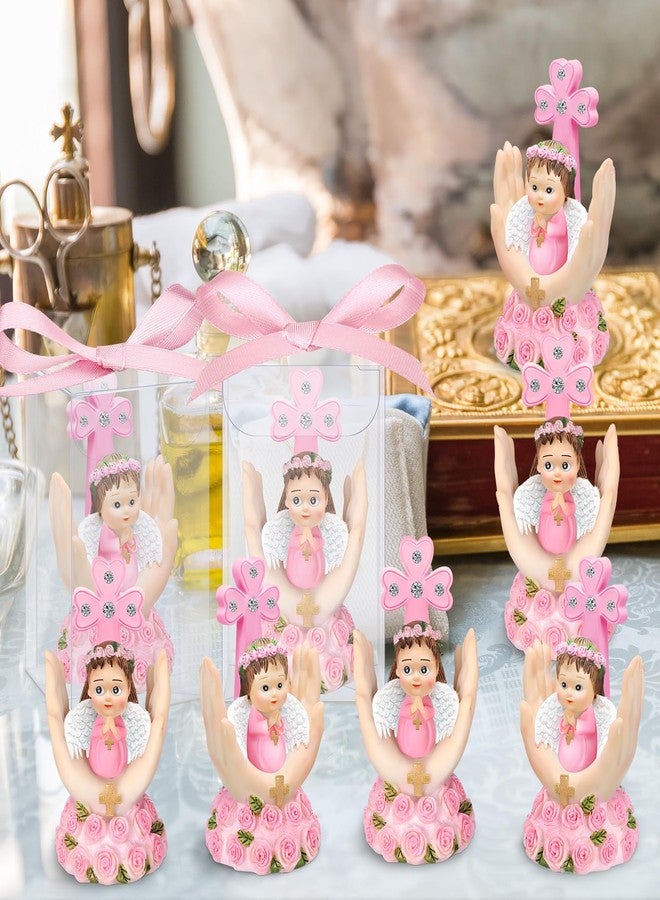 Anglechic 24 Set Religious Keepsake Bulk Recuerdos De Bautizo para Nino Girl Baby Angel on Palm Recuerdos para Bautizo Resin Figurine Statue Pink Baptism Favors with Box and Bow Baptism Decorations - Image 4