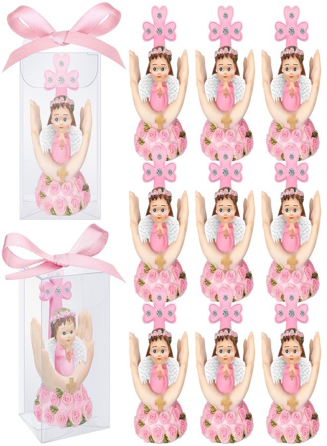Anglechic 24 Set Religious Keepsake Bulk Recuerdos De Bautizo para Nino Girl Baby Angel on Palm Recuerdos para Bautizo Resin Figurine Statue Pink Baptism Favors with Box and Bow Baptism Decorations - Image 1