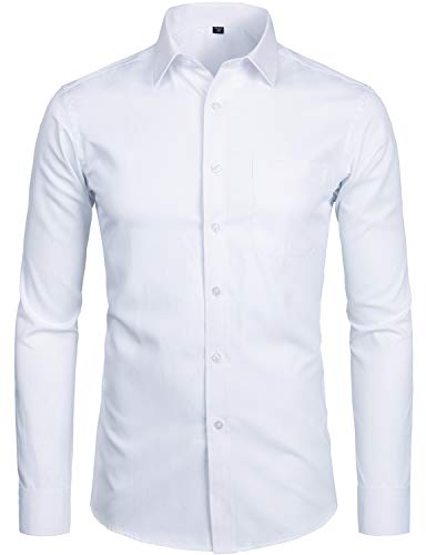 ZEROYAA Men's Long Sleeve Dress Shirt Solid Slim Fit Casual Business Formal Button Up Shirts with Pocket ZSSCL01 White X-Large - Image 1
