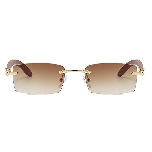 Junsika Rimless Rectangle Sunglasses for Men Women Classic Retro Woodproof Small Sunglasses UV400 Protection - Image 2