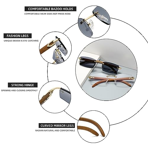 Junsika Rimless Rectangle Sunglasses for Men Women Classic Retro Woodproof Small Sunglasses UV400 Protection - Image 5