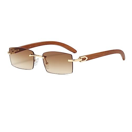 Junsika Rimless Rectangle Sunglasses for Men Women Classic Retro Woodproof Small Sunglasses UV400 Protection - Image 1