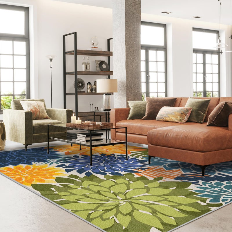 Arenarug Colorful 8x10 Outdoor Area Rug Washable Multicolored Patio Rug Tropical Botanical Floral Chenille Waterproof Outdoor Carpet Non-Slip for Deck, Backyard, Porch, Green - Image 2