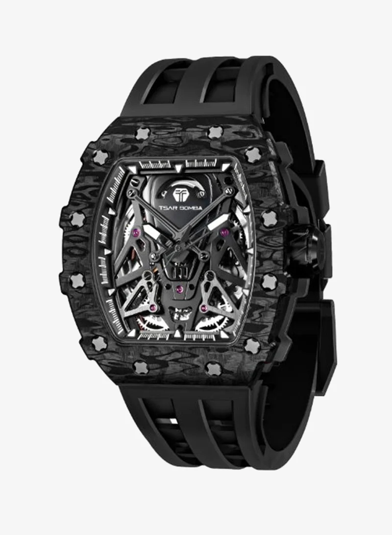 Tsar Bomba TSAR BOMBA Mens Standard Analog Automatic Movement Movement Tonneau 12 Hour Time Display Wrist Watch (Black)