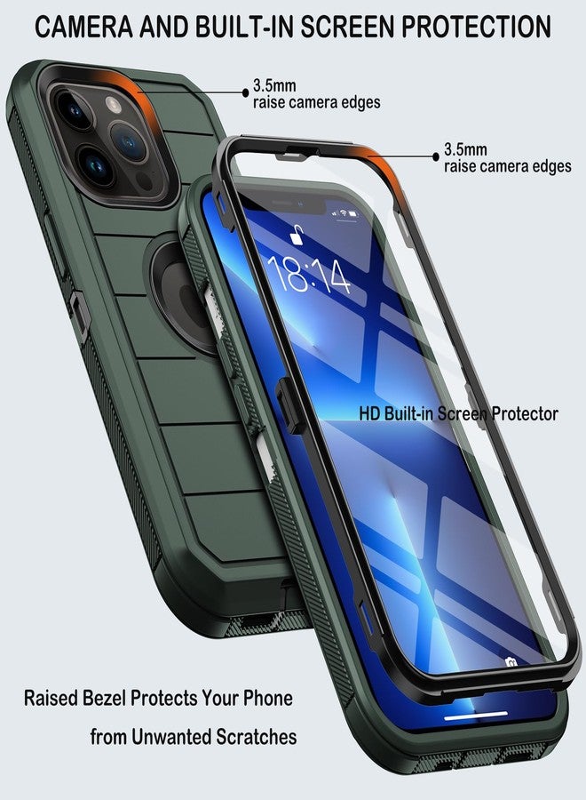 جراب KECAI لهاتف iPhone 13 Pro مع مشبك حزام وحامل، واقي شاشة مدمج، غطاء هاتف متين مقاوم للصدمات والسقوط، بمواصفات عسكرية (6.1 بوصة) (أخضر داكن) - Image 2