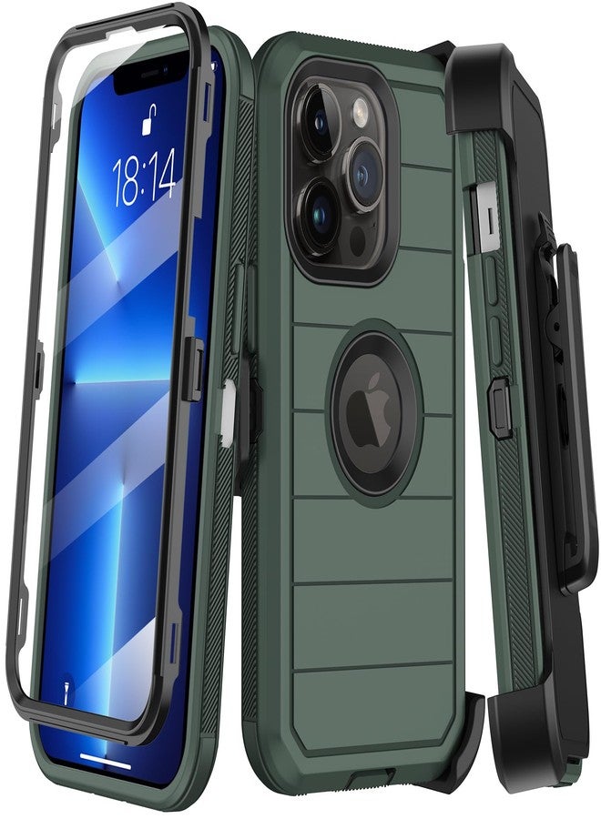 جراب KECAI لهاتف iPhone 13 Pro مع مشبك حزام وحامل، واقي شاشة مدمج، غطاء هاتف متين مقاوم للصدمات والسقوط، بمواصفات عسكرية (6.1 بوصة) (أخضر داكن) - Image 1