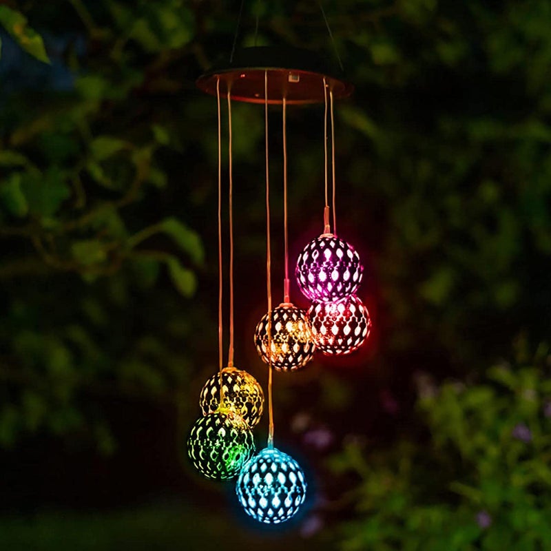 Solar Metal Orb Wind Chime Mobile Rainbow Color Changing LED Lights Outdoor Weather Resistant for Home Garden Decoration Trees Patio Deck