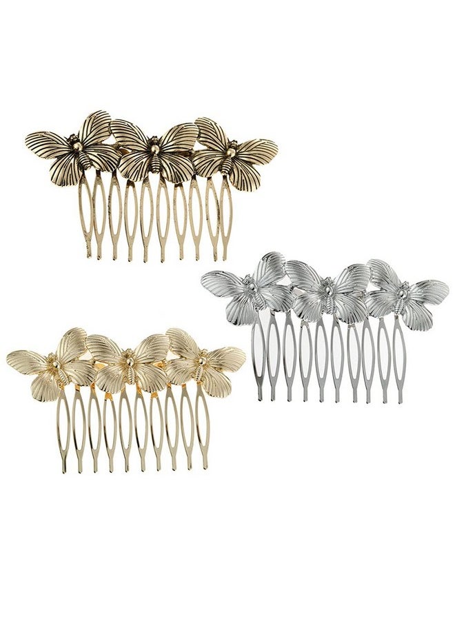 Teensery 3 Pcs Retro Butterfly Hair Comb Decorative 10 Teeth Metal Hair Combs Pin Hair Accessories For Girls And Women (Gold Silver Ancient Gold)  - Image 2