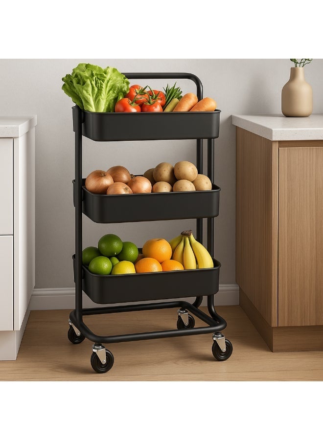 عربة أدوات شبكية بثلاث طبقات، عربة تنظيم معدنية دوارة بمقبض وعجلات قابلة للقفل، أرفف تخزين متعددة الوظائف للمطبخ وغرفة المعيشة والمكتب باللون الأسود - Image 2