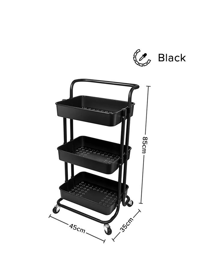 عربة أدوات شبكية بثلاث طبقات، عربة تنظيم معدنية دوارة بمقبض وعجلات قابلة للقفل، أرفف تخزين متعددة الوظائف للمطبخ وغرفة المعيشة والمكتب باللون الأسود - Image 4