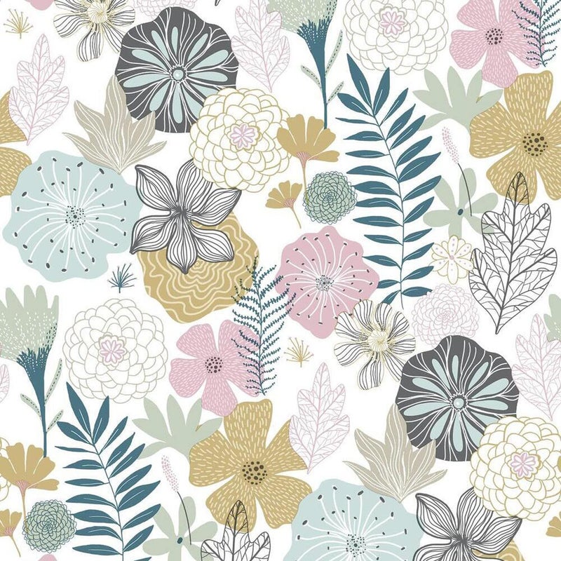 RoomMates RMK11328WP Pink Perennial Blooms Peel and Stick Wallpaper Roll