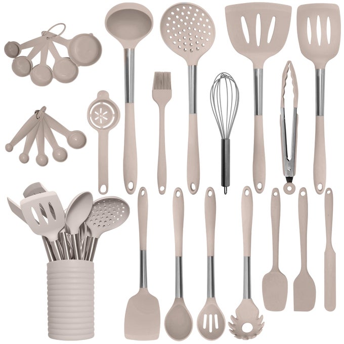 HOME HERO SILICONE KITCHEN UTENSILS SET HEAT RESISTANT NONSCRATCH COOKING UTENSILS ERGONOMIC SILICONE SPATULA SET DISHWASHER SAFE KITCHEN TOOLS 26 PIECE STONE