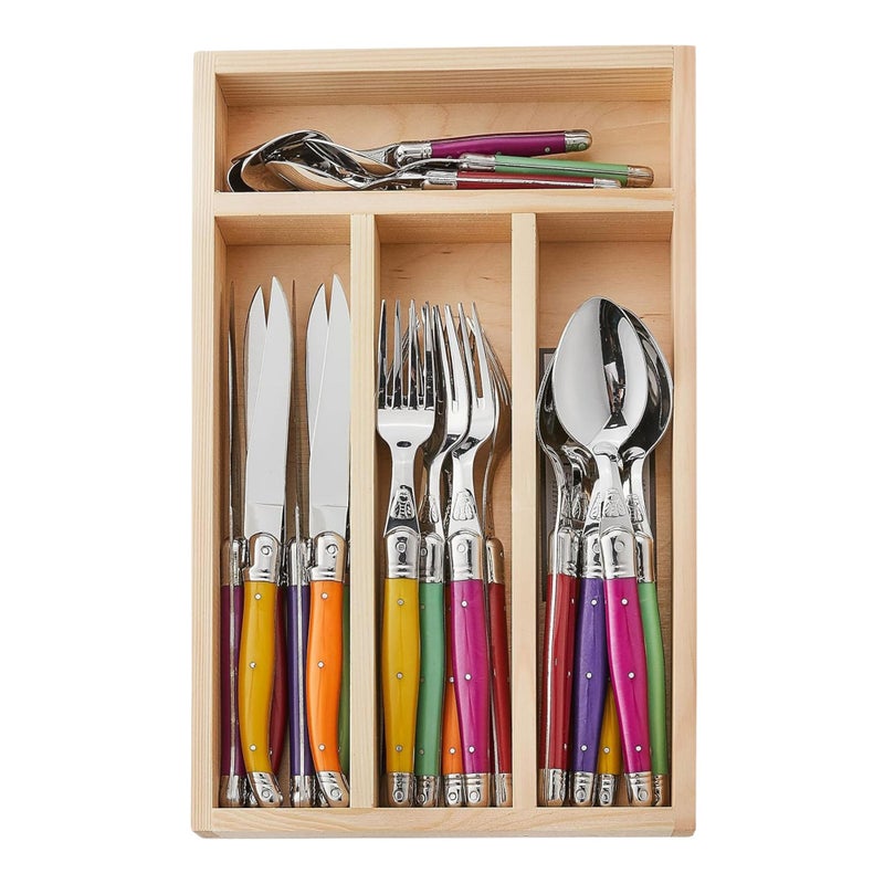 Jean Dubost Laguiole 24Piece Everyday Flatware Set Fruity Handles  RustResistant Stainless Steel  Includes Wooden Tray  Made in France