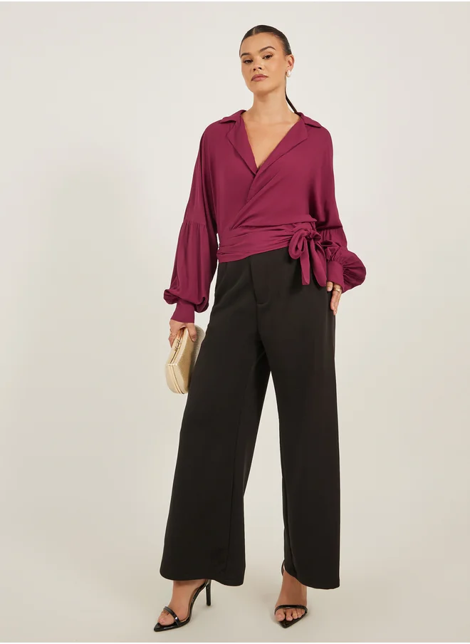Styli Balloon Sleeves Notch Lapel Viscose Wrap Top