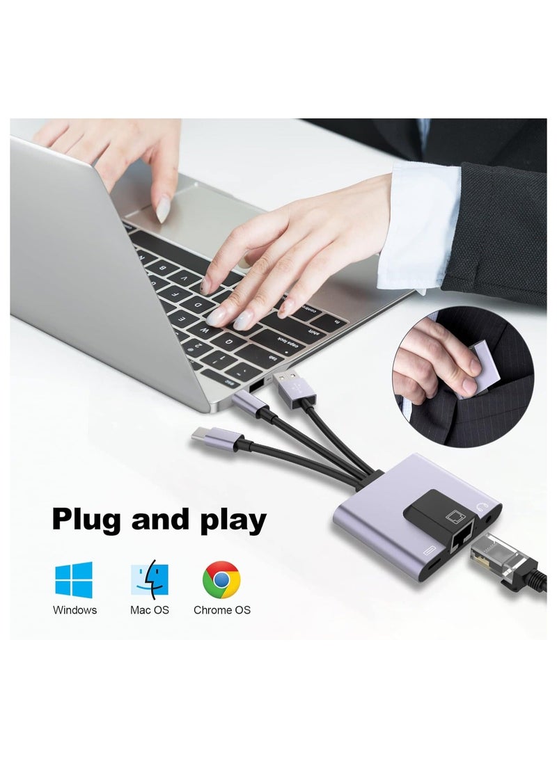 محول USB إلى Ethernet، 3 في 1 من الألومنيوم بدون تعريف، محول شبكة LAN مع RJ45 10/100Mbps لجهاز اللاب توب/الكمبيوتر الشخصي مع ويندوز/ماك أو إس/هاتف/باد، منفذ صوت 3.5 ملم، توصيل وتشغيل - Image 5