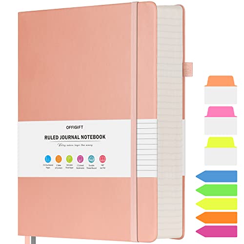 OFFIGIFT Lined Journal Notebook, Large A5 College Ruled Notebook, 312 Numbered Pages Work Notebook with Index Stickers, 100gsm Thick Paper, Hardcover Vegan Leather Journal for Women Men School Office, Pink - Image 1