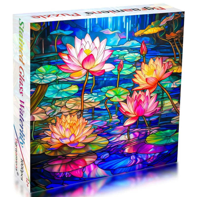 Bgraamiens Puzzle-Stained Glass Waterlily-1000 Pieces Stained Glass Puzzle for Adults, Stained Glass Art Puzzle with Flowers, Impossible Puzzle Color Challenge Puzzle for Adults - Image 2