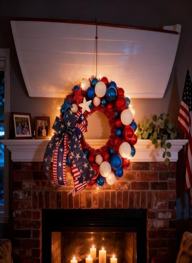 HipTree 16 Inch Patriotic Ball Wreath for Front Door with Lights, 4th of July Wreath with Red White Blue Stars & Ribbon for Memorial Day, Independence Day,Veterans Day, Flag Day,Summer Decorations - Image 3