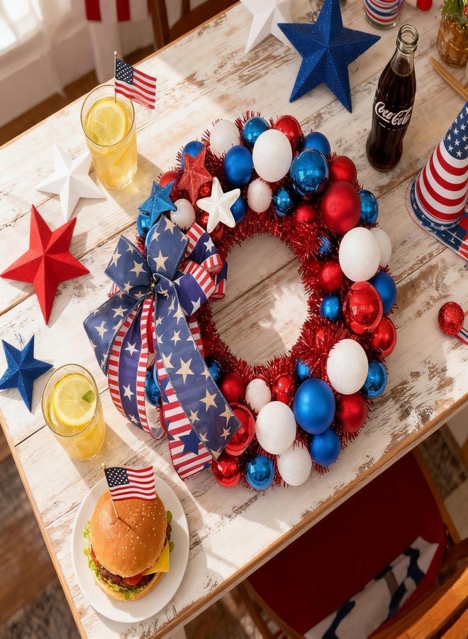 HipTree 16 Inch Patriotic Ball Wreath for Front Door with Lights, 4th of July Wreath with Red White Blue Stars & Ribbon for Memorial Day, Independence Day,Veterans Day, Flag Day,Summer Decorations - Image 2