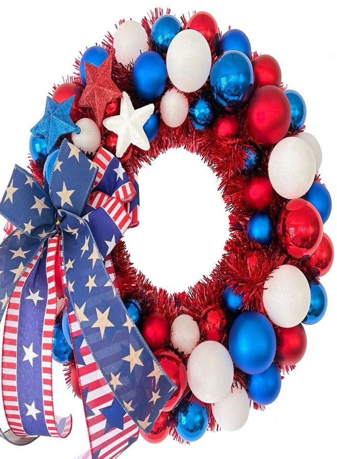 HipTree 16 Inch Patriotic Ball Wreath for Front Door with Lights, 4th of July Wreath with Red White Blue Stars & Ribbon for Memorial Day, Independence Day,Veterans Day, Flag Day,Summer Decorations - Image 1