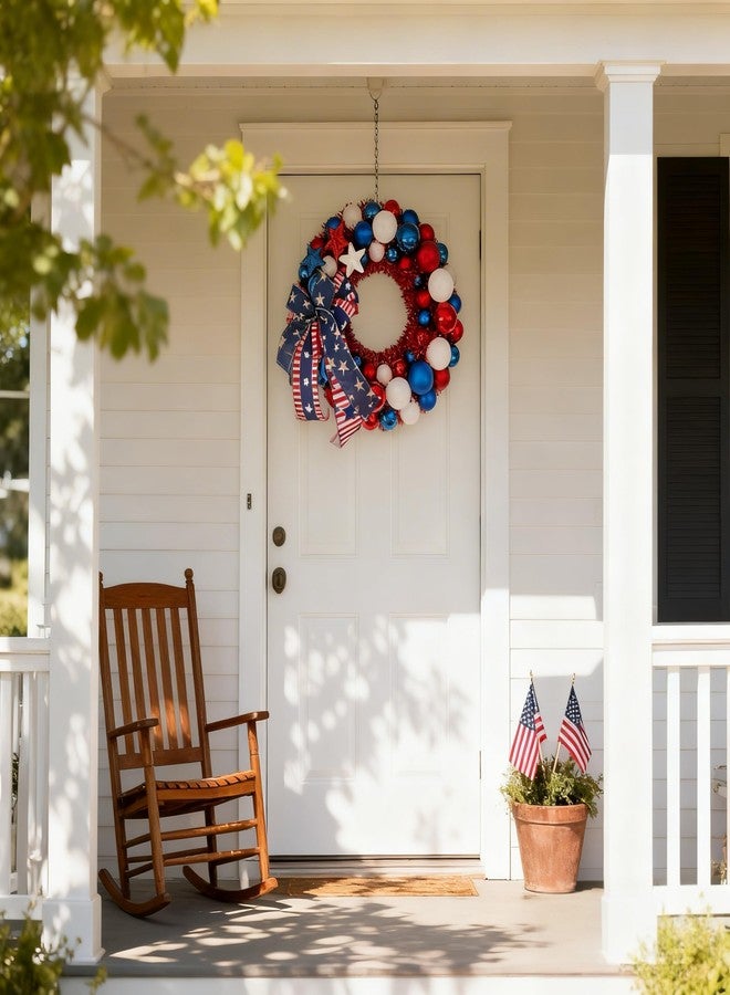 HipTree 16 Inch Patriotic Ball Wreath for Front Door with Lights, 4th of July Wreath with Red White Blue Stars & Ribbon for Memorial Day, Independence Day,Veterans Day, Flag Day,Summer Decorations - Image 4