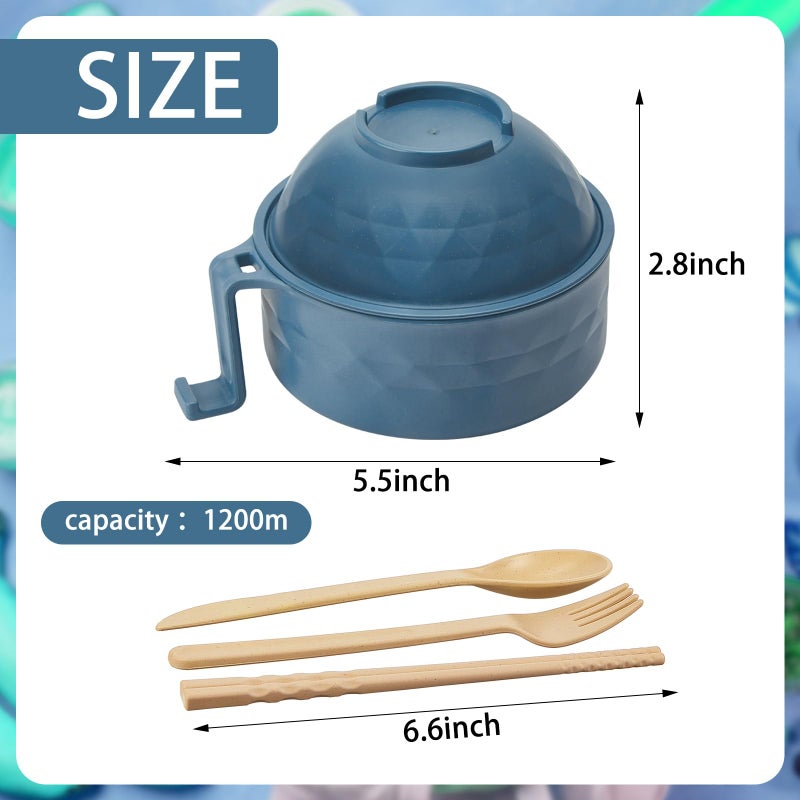 Romooa 1 Set Microwave Ramen Bowl Set 33 oz Wheat Straw Instant Ramen Cooker Set Portable Noodle Cooker with Handle Noodle Bowl with Spoon Chopsticks Fork College Dorm Room (Dark Blue) - Image 2