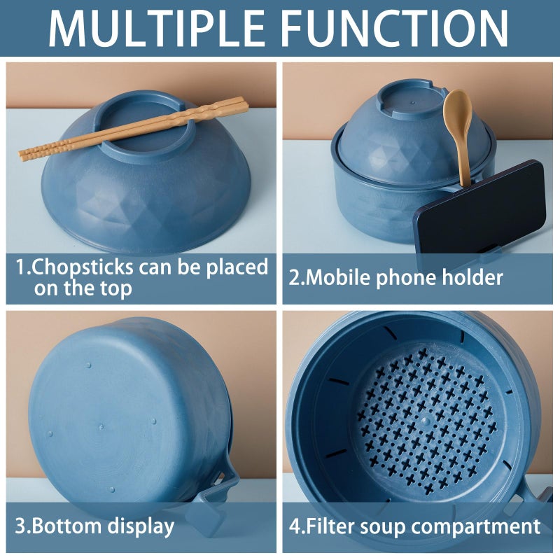 Romooa 1 Set Microwave Ramen Bowl Set 33 oz Wheat Straw Instant Ramen Cooker Set Portable Noodle Cooker with Handle Noodle Bowl with Spoon Chopsticks Fork College Dorm Room (Dark Blue) - Image 3