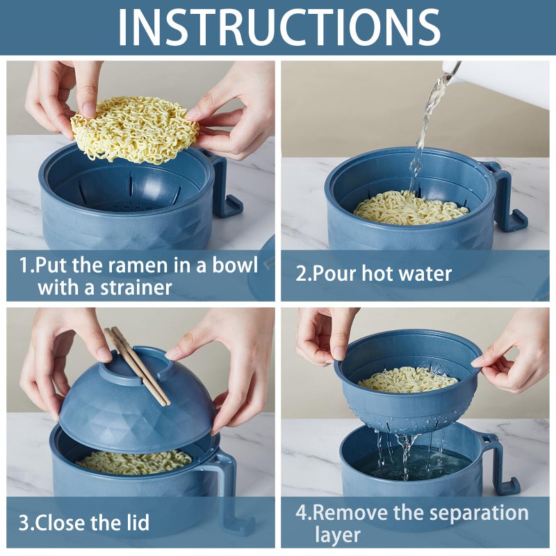 Romooa 1 Set Microwave Ramen Bowl Set 33 oz Wheat Straw Instant Ramen Cooker Set Portable Noodle Cooker with Handle Noodle Bowl with Spoon Chopsticks Fork College Dorm Room (Dark Blue) - Image 4